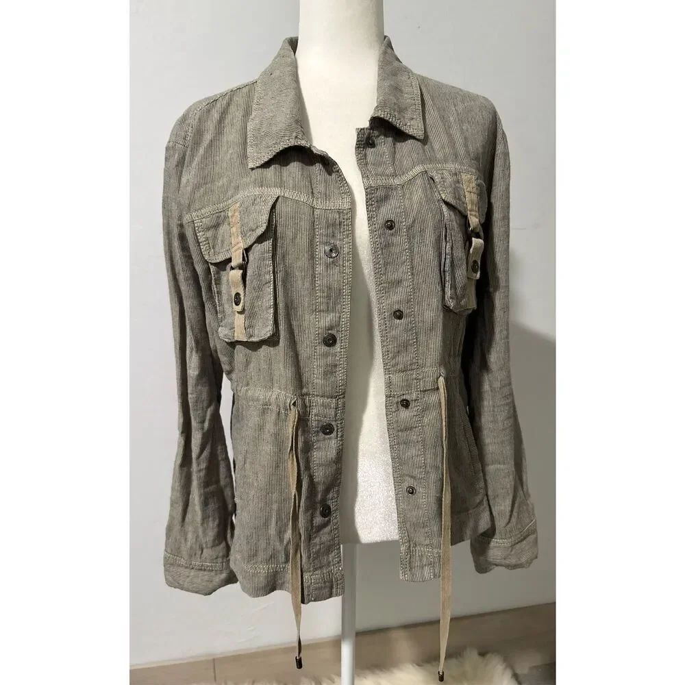 Anthropologie Marrakech blue striped utility jacket snap closure linen blend M